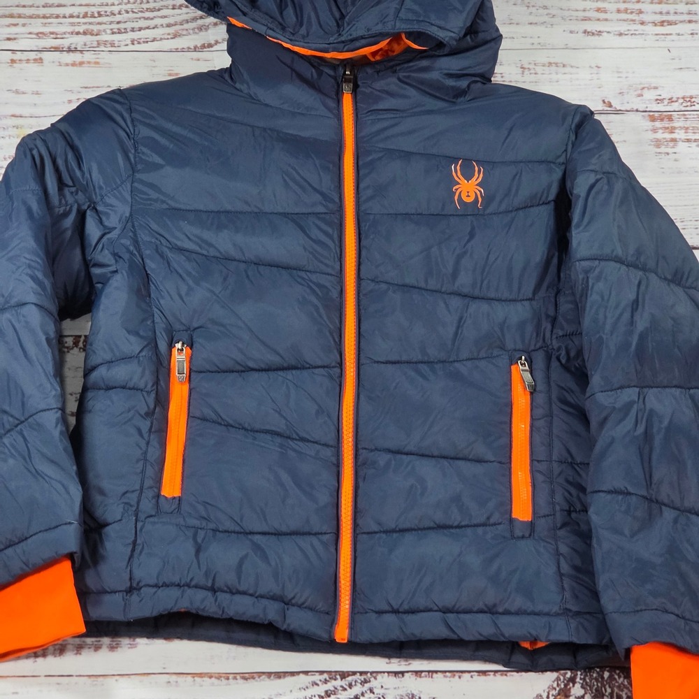 Spyder Puffer Jacket Boys Small Navy Blue Orange Excellent Hooded Quilted Coat
